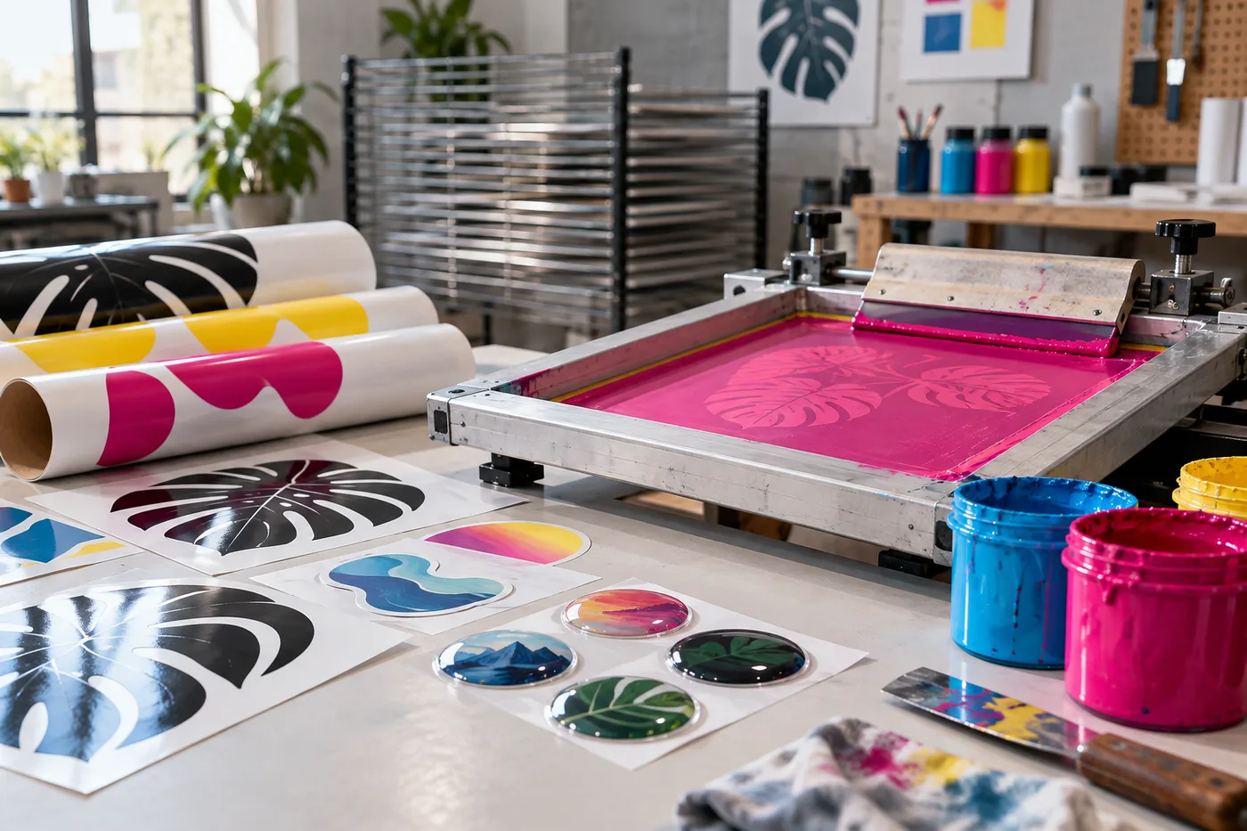 Bastidor de serigrafía con tinta y piezas impresas