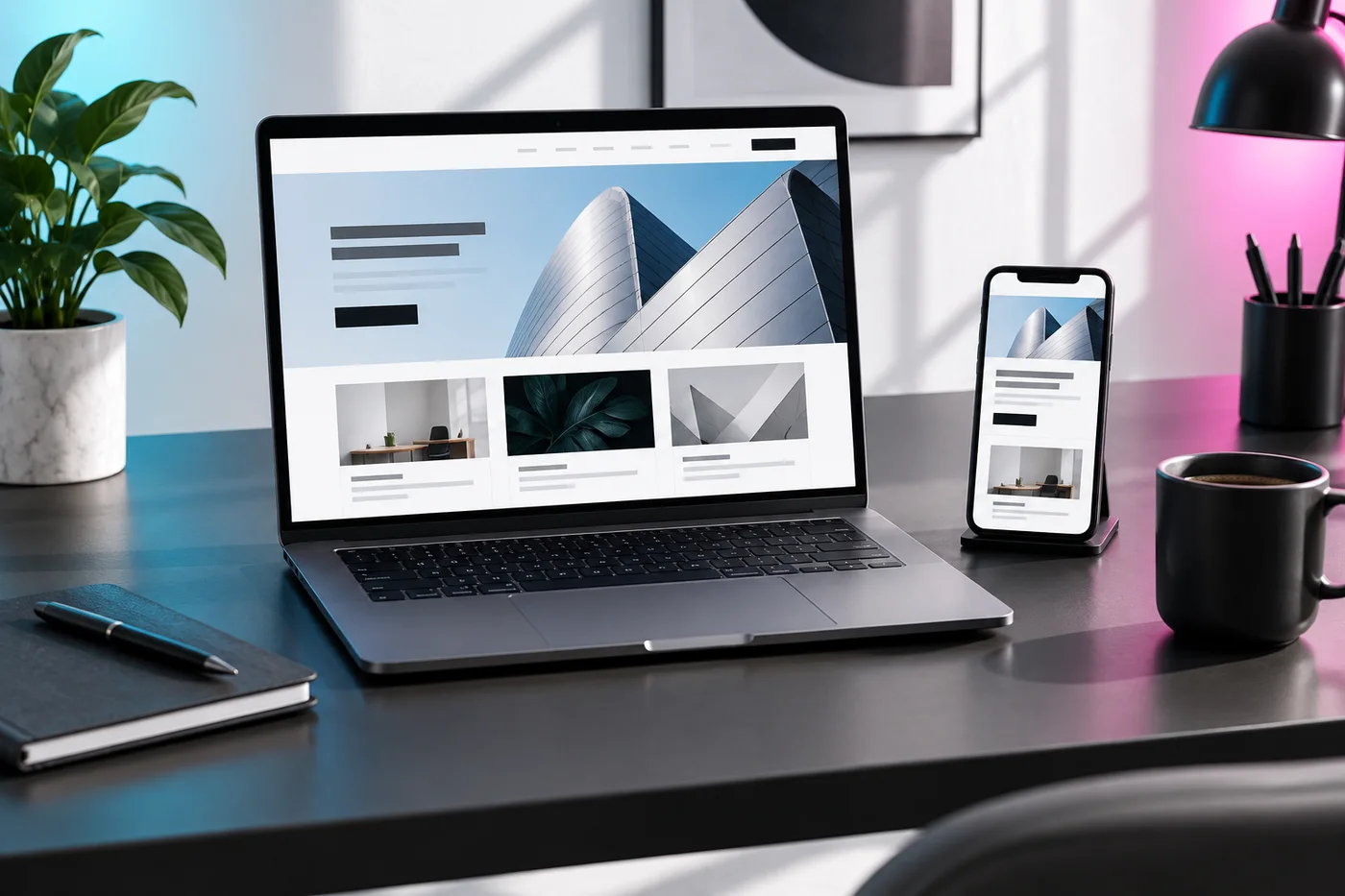 Sitio web profesional mostrado en laptop y teléfono
